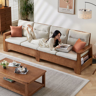 一林半舍实木沙发复古白蜡木胡桃色三人布艺沙发客厅高箱储物四人