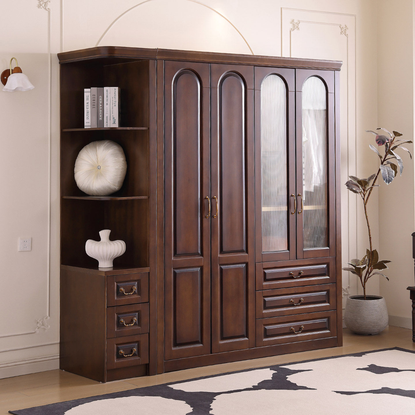 美式复古实木衣柜带玻璃门