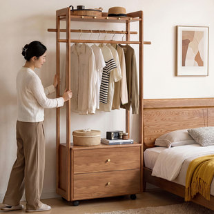 政府补贴全实木落地衣帽架 卧室家用多层挂衣架 带抽屉收纳储物架