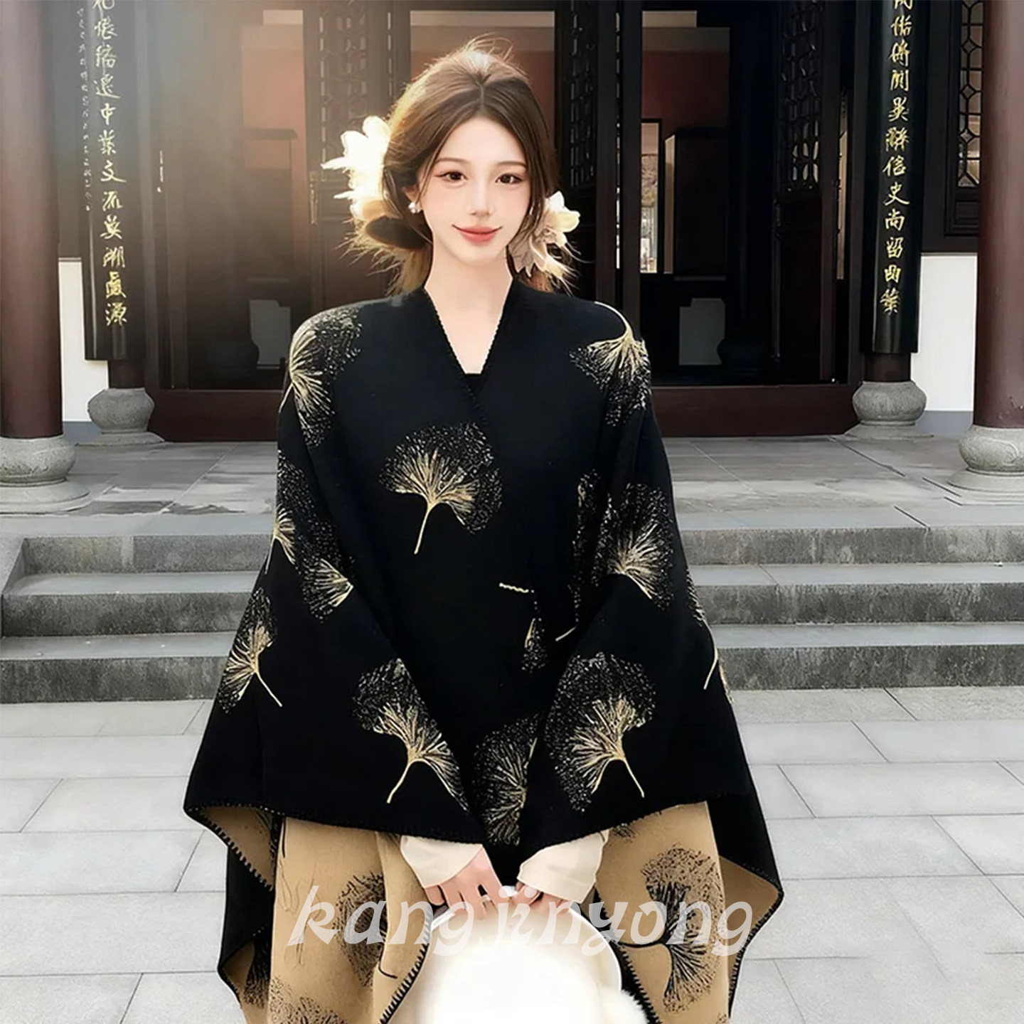银杏叶披肩女秋冬民族风新中式