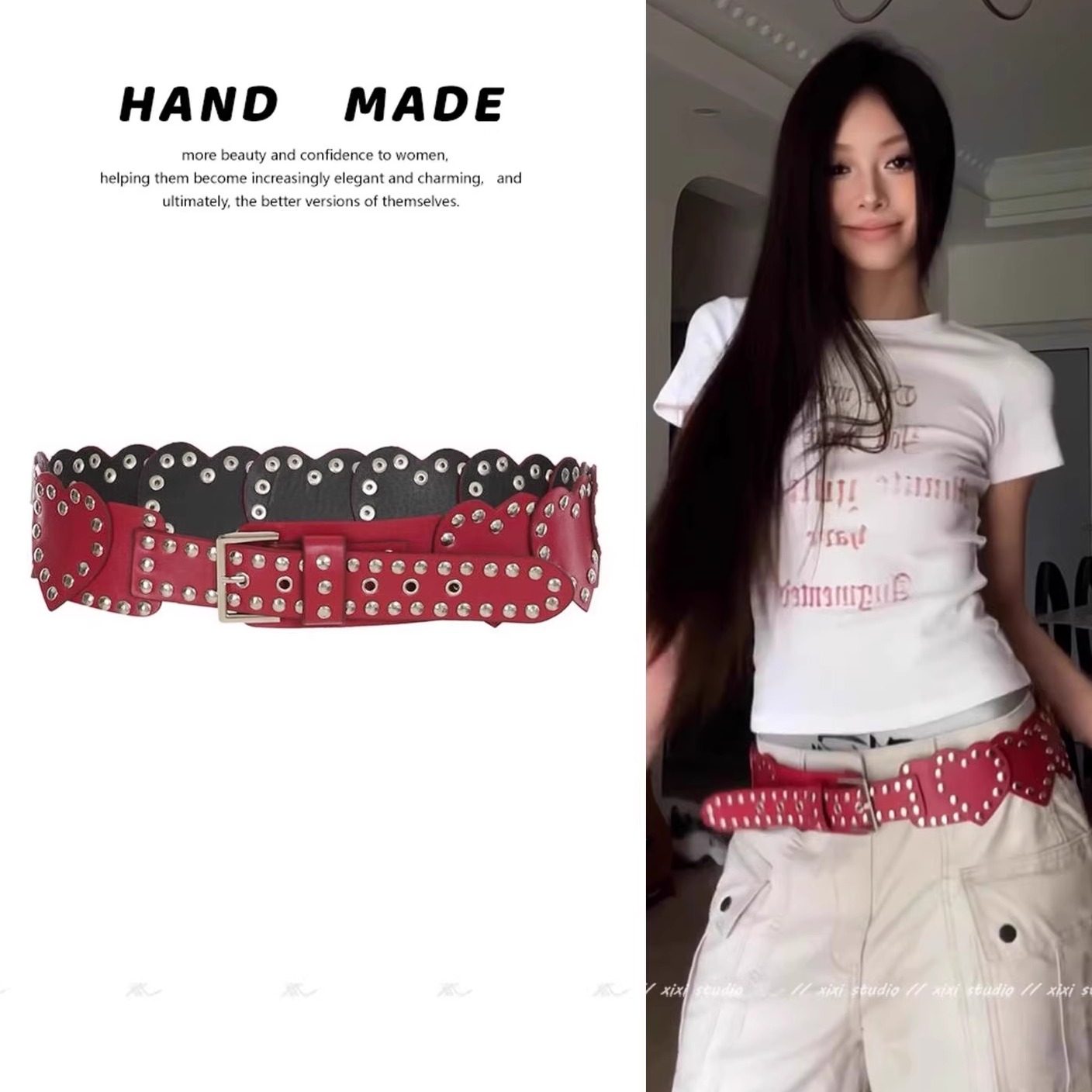 美式爱心铆钉腰带y2k辣妹穿搭