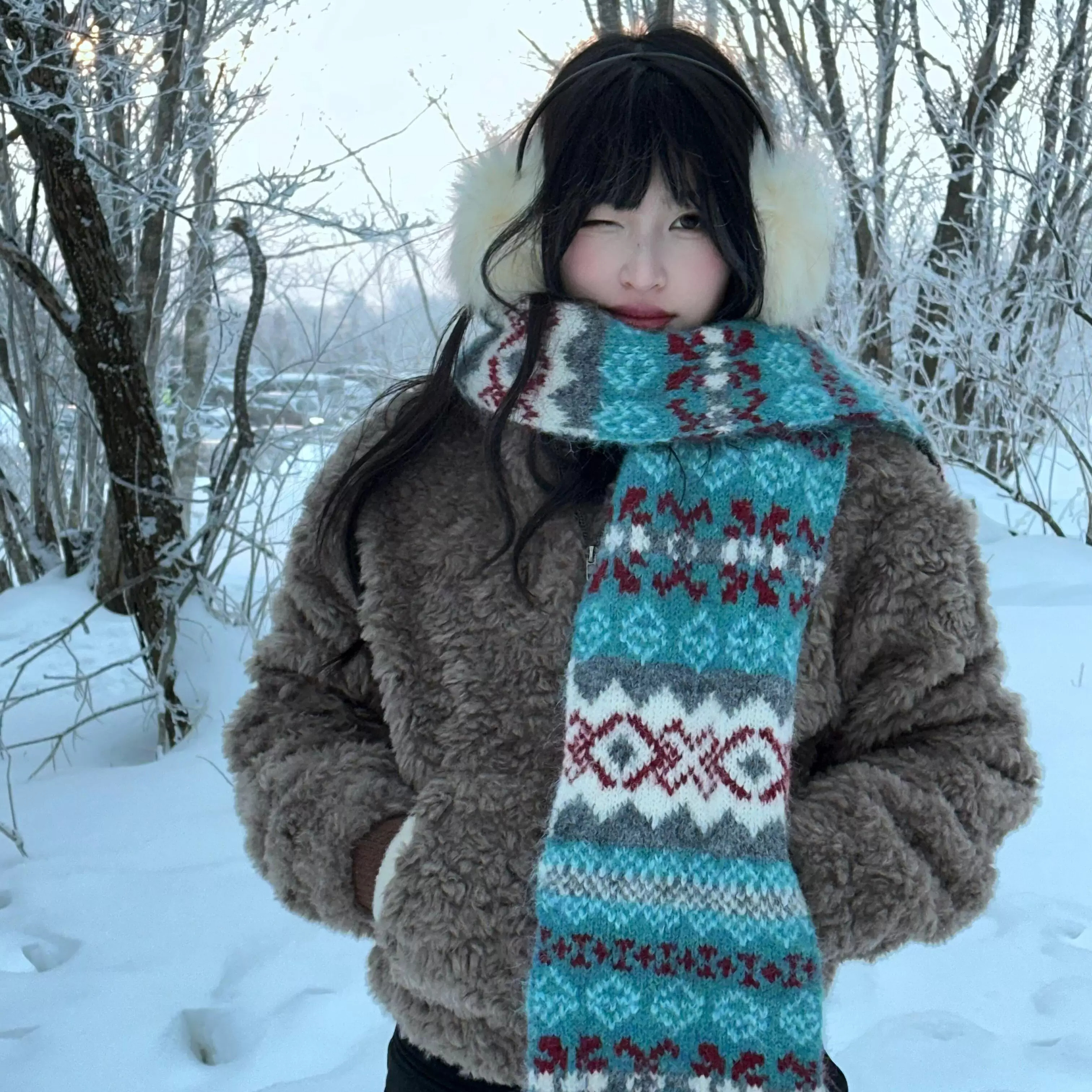 费尔岛风复古蓝色针织围巾女冬季