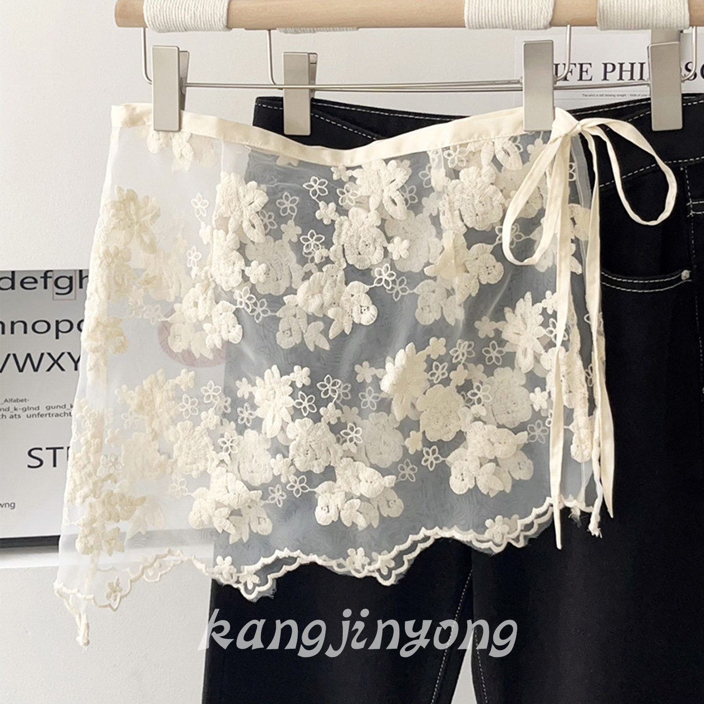 法式复古少女白色蕾丝花朵裙帘
