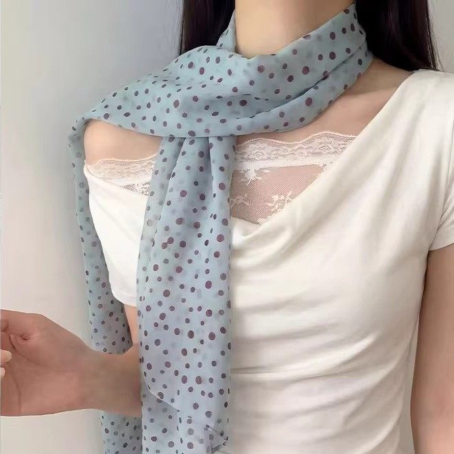 法式蓝色波点印花丝巾女慵懒风文艺高级感配饰系脖长条围巾领巾潮,服饰配件/皮带/帽子/围巾,围巾/丝巾/披肩,淘宝优惠券,粉丝福利购,淘宝优惠卷