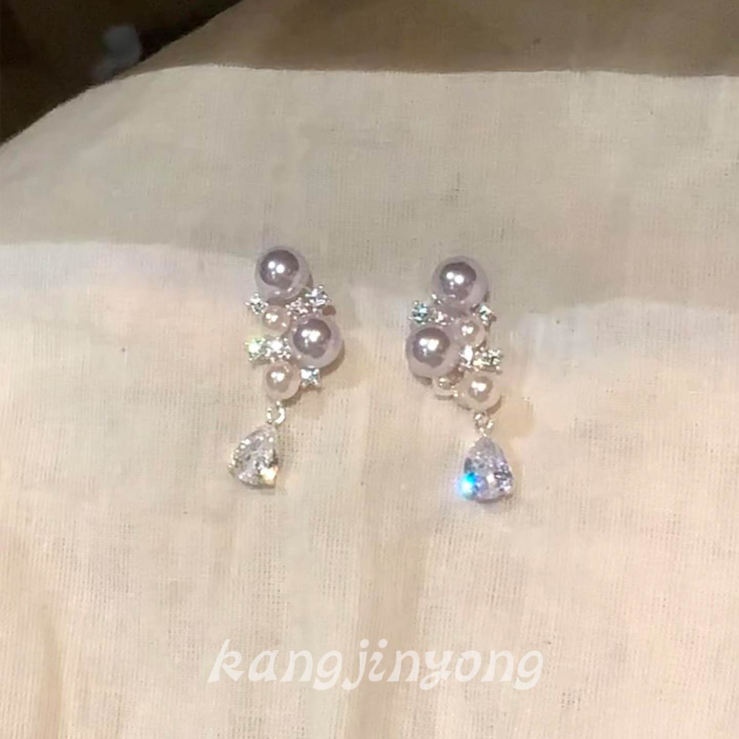 韩系淡紫珍珠水滴钻耳环女精致