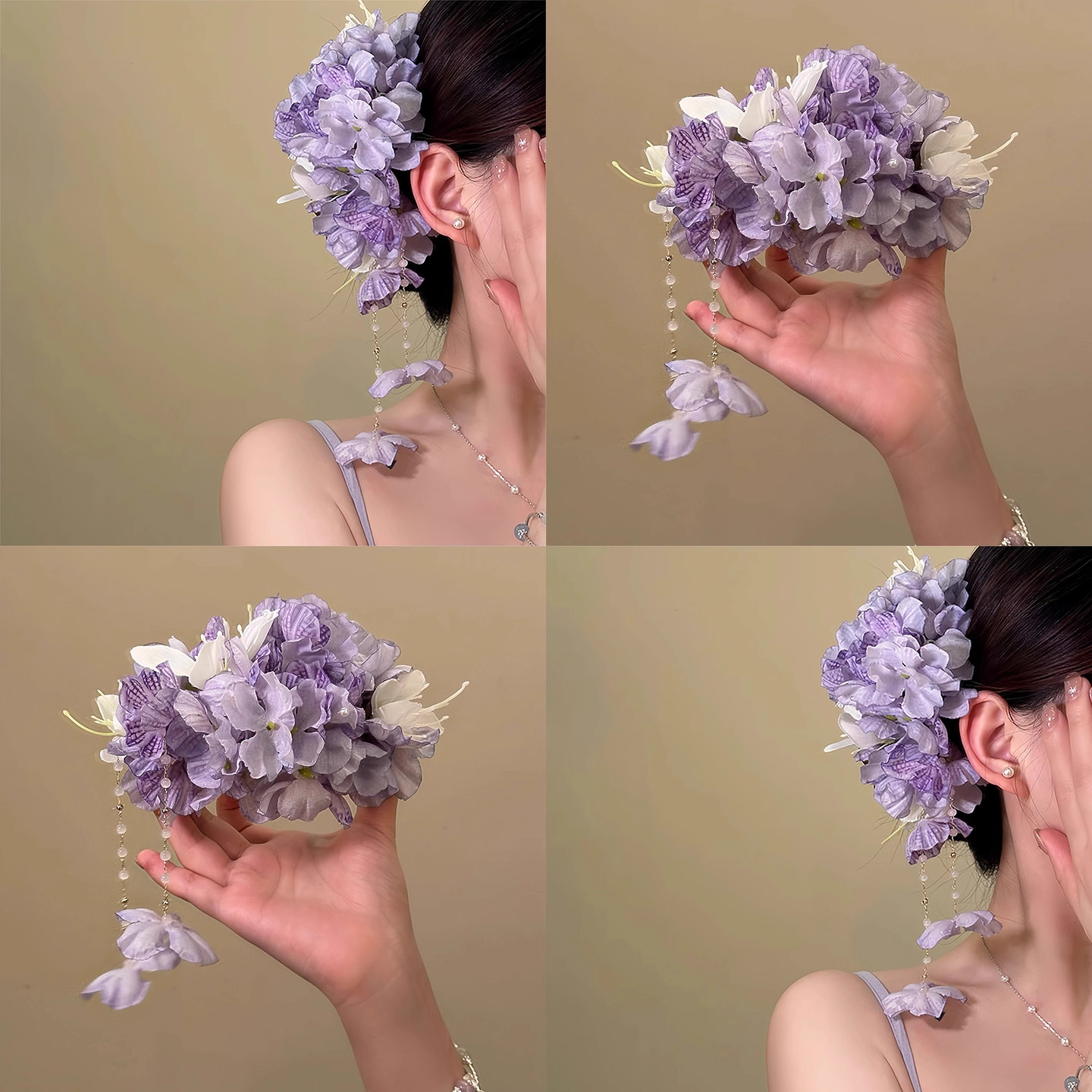 繁花摇曳~超仙紫花朵流苏发夹