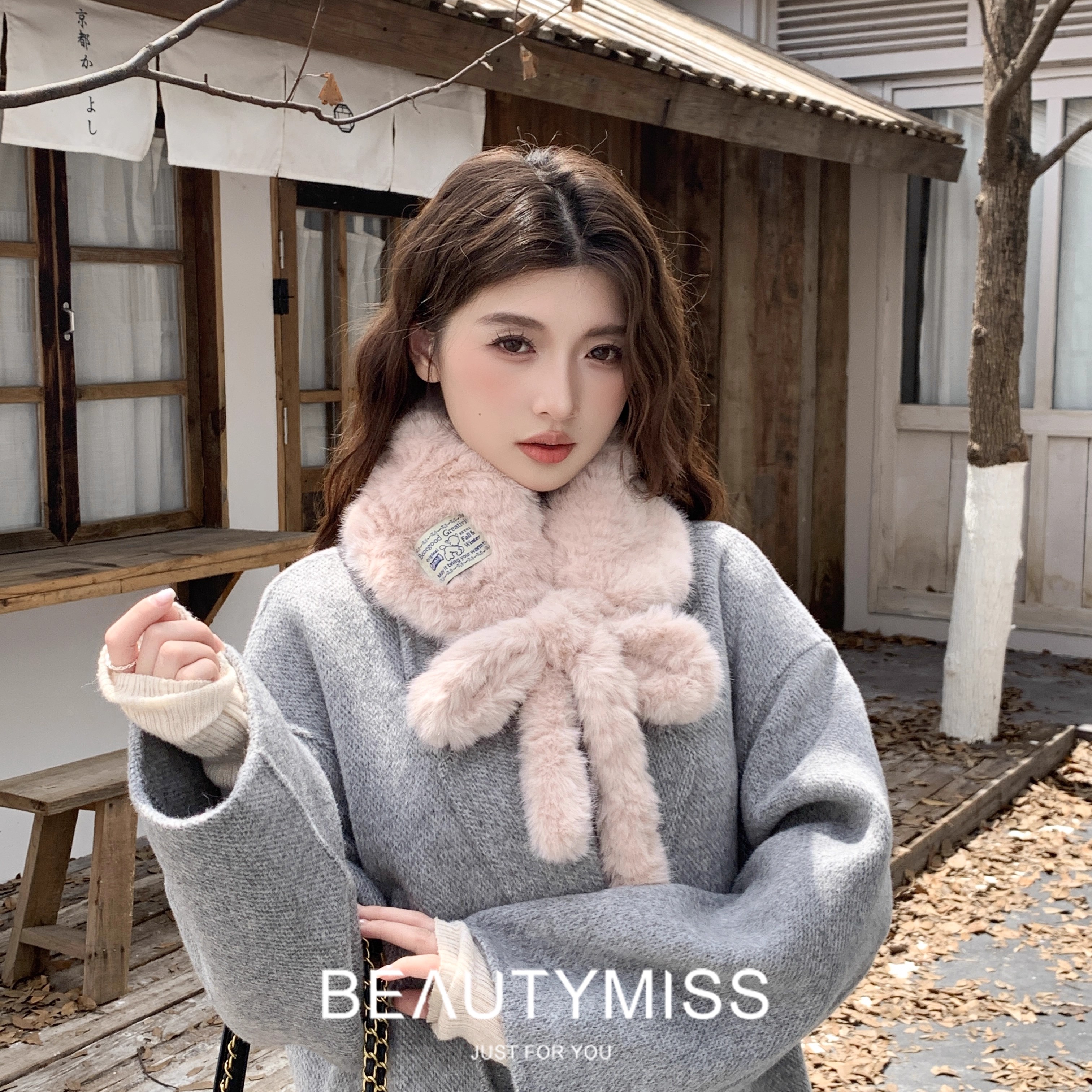 粉色蝴蝶结毛毛围巾女冬季防寒