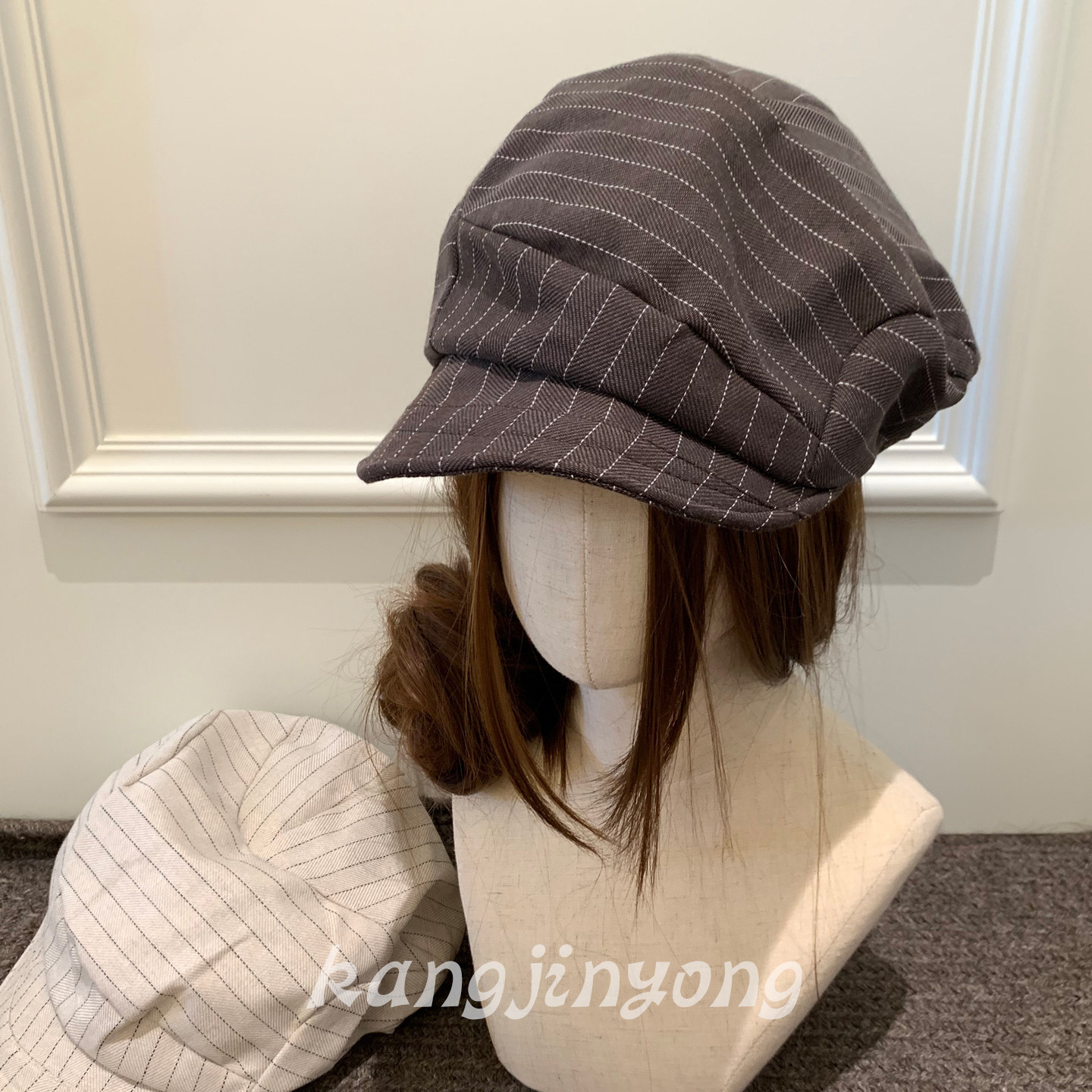 日系古着风!条纹褶皱贝雷帽女