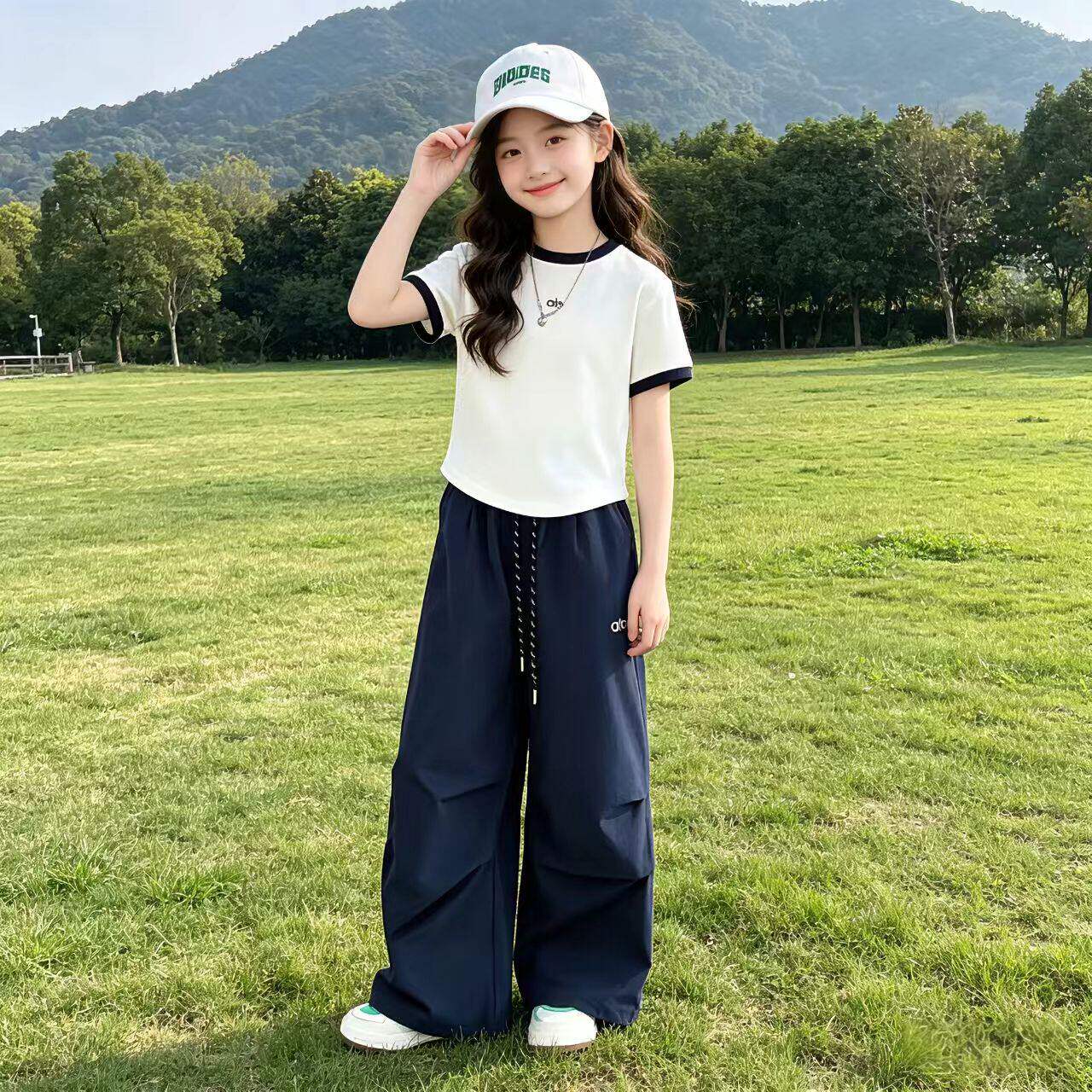 专柜女童夏装短袖套装2026新款韩版中大童装时尚休闲阔腿裤运动两