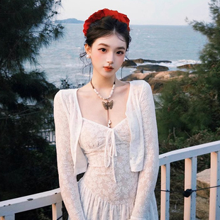 气质绝美海边度假长裙 白色吊带碎花连衣裙子女装 夏季 2025新款 法式