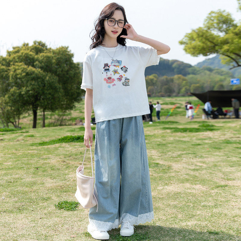 专柜女童夏季套装2026新款夏装中大童洋气短袖T恤薄牛仔阔腿裤两