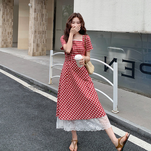 高级感甜美减龄显瘦长裙 蕾丝拼接红色复古格纹连衣裙女2025夏法式