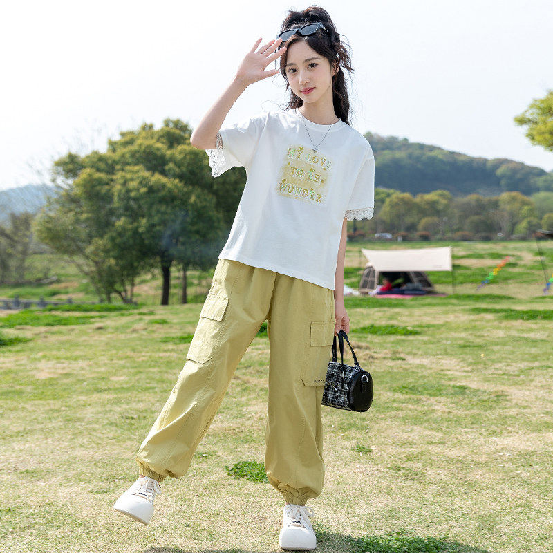 专柜女童夏装2026新款中大童洋气网红超好看夏季套装短袖T恤两件