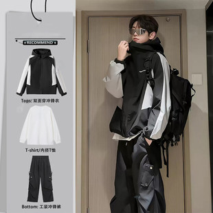 骆驼双面穿美式防水冲锋衣套装男生秋季机能风户外登山服外套工装