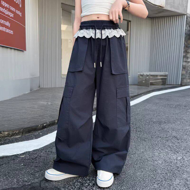 专柜女童黑色工装裤夏季大儿童爵士舞蹈运动速干裤女孩夏装阔腿裤