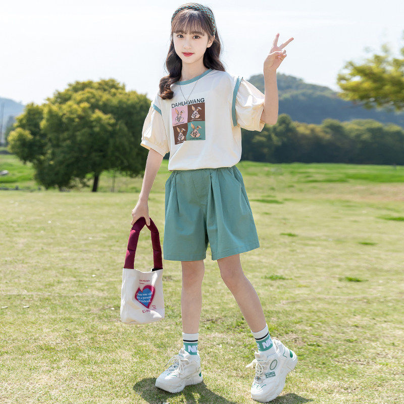 专柜女童运动套装2026新款儿童夏季短袖T恤女孩洋气中大童夏装两