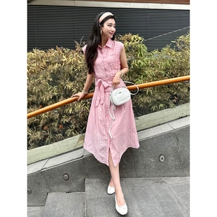 2025新款 法式 连衣裙子女夏季 粉色无袖 海边度假高级感气质长裙 衬衫