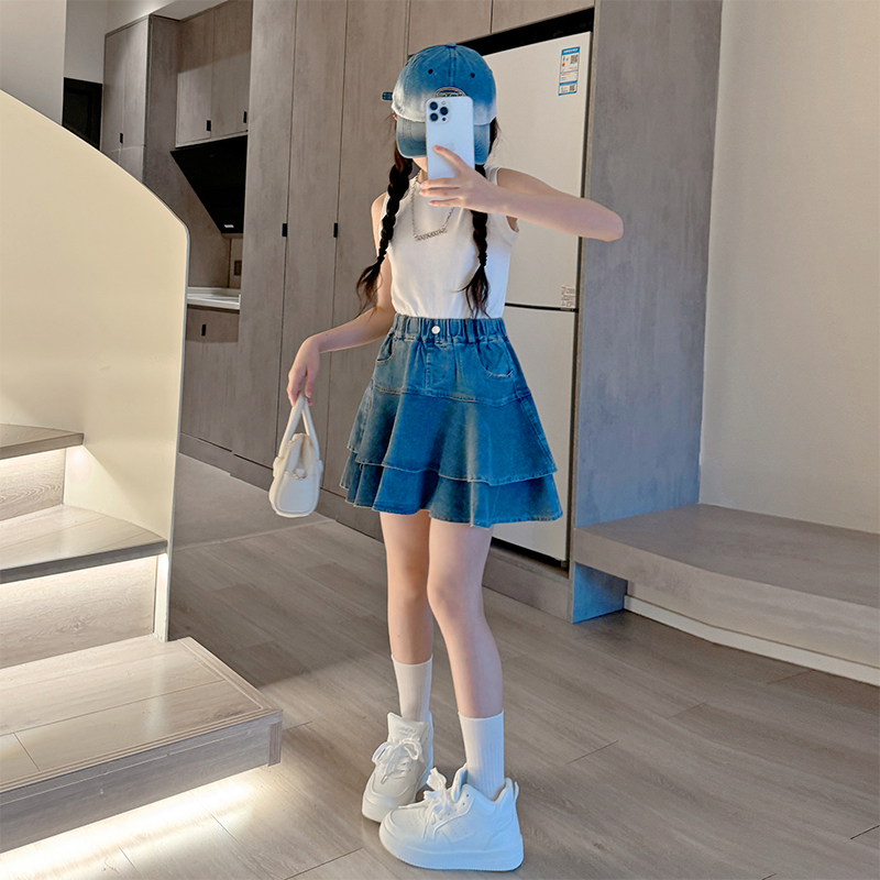 女童牛仔裙裤夏季薄款2025新款儿童短裤套装女孩大童夏装裤子外穿