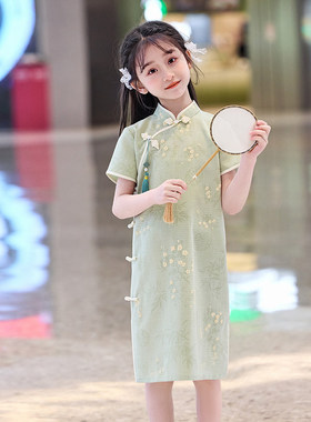 专柜女童新中式旗袍绿色夏季薄款2026新款国风儿童洋气小清新日常