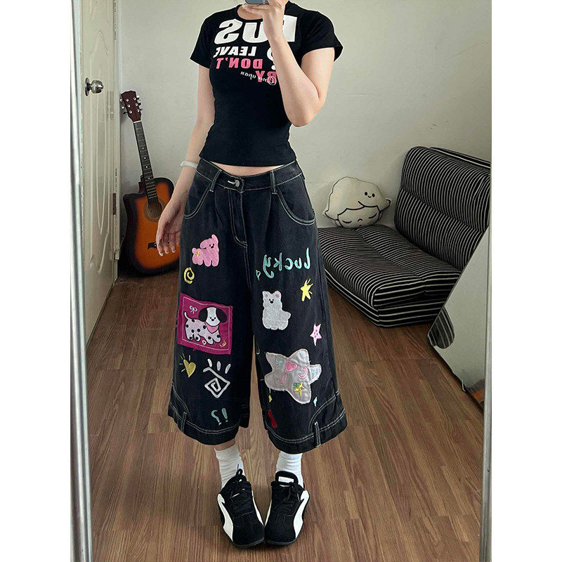 专柜黑色高腰直筒牛仔短裤女夏显瘦高街辣妹风别致卡通趣味休闲七