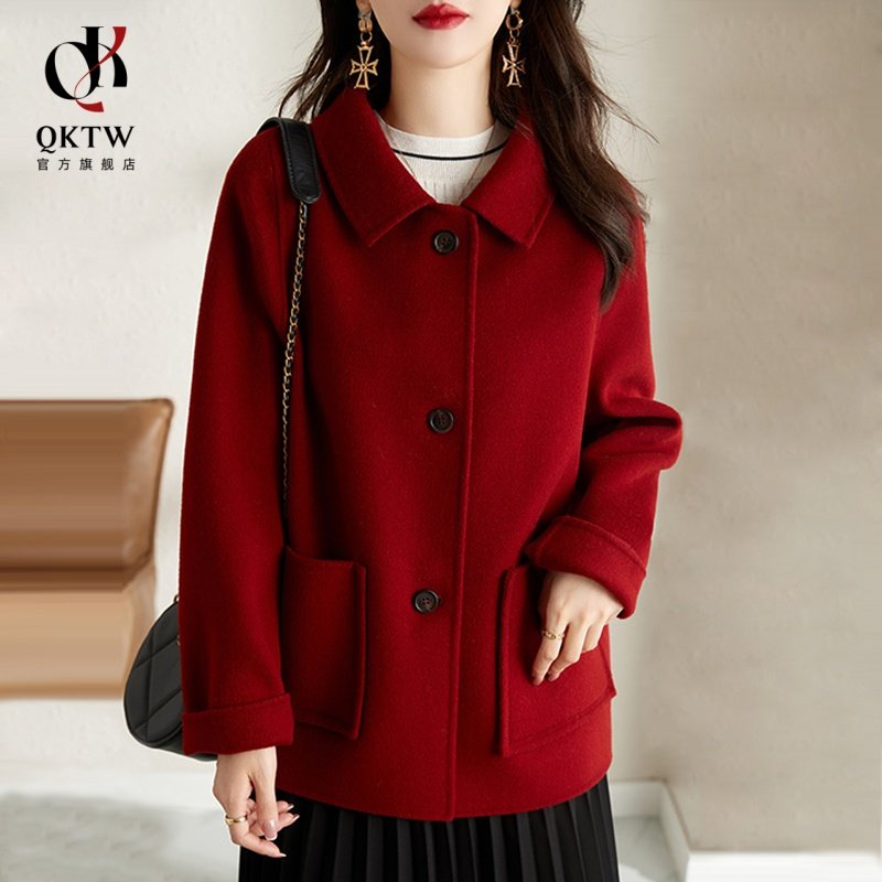 休闲外套女2025秋冬季新款中老年小个子高端红色上衣双面毛呢大衣