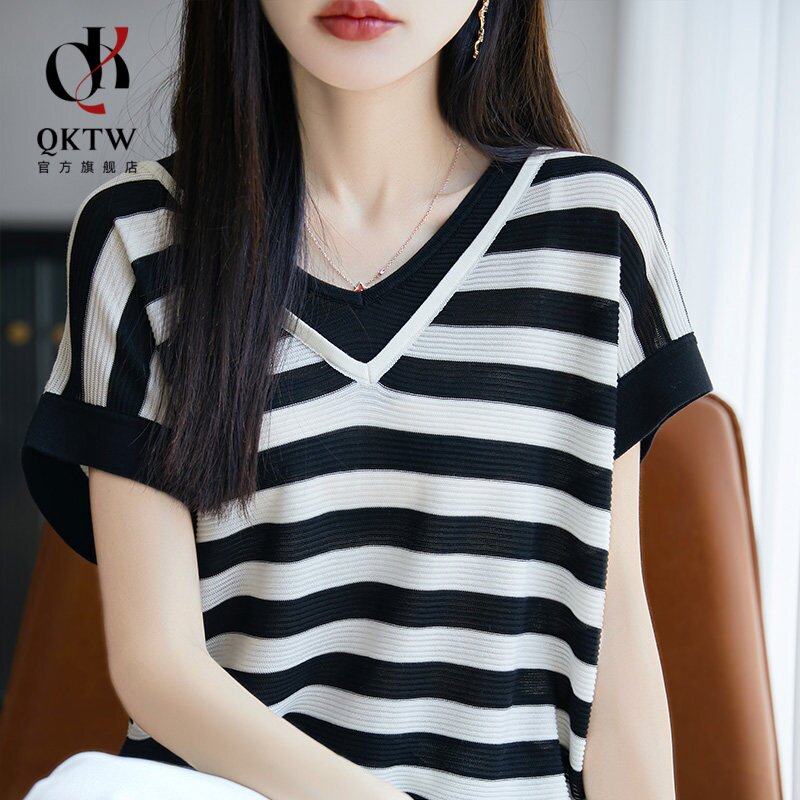 短袖针织t恤女2026夏季新款时尚连肩飞袖条纹气质V领薄款宽松上衣