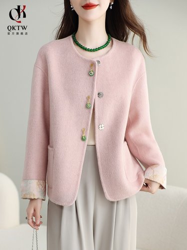 毛呢外套女2025新款秋冬季中老年国风覆古短款上衣新中式粉色大衣
