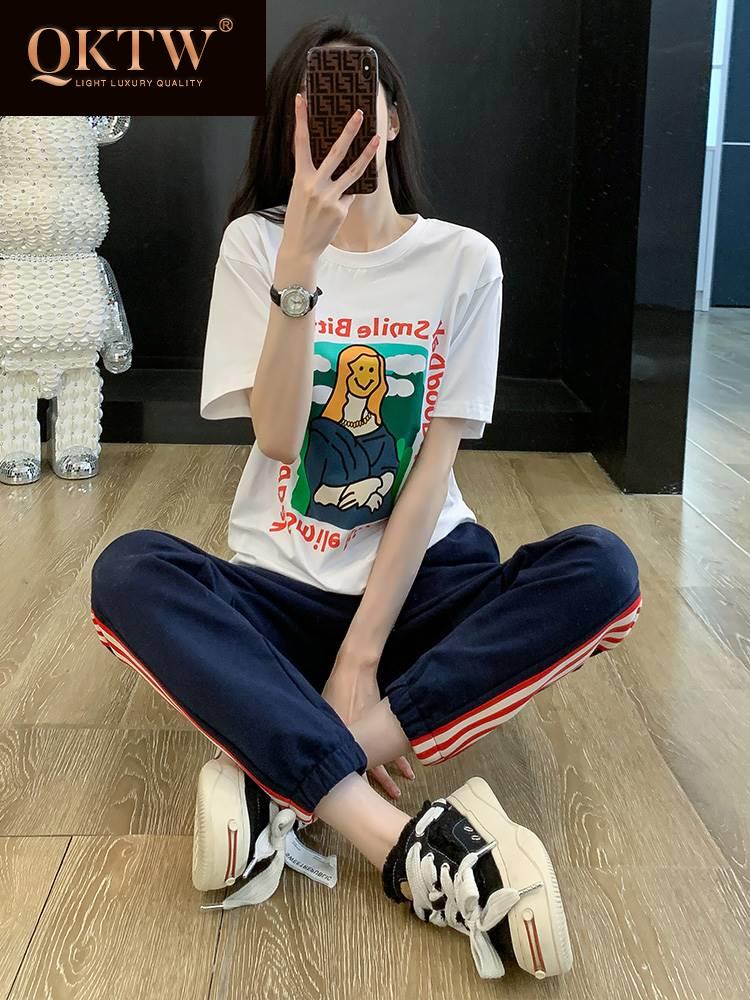 夏季休闲运动套装女2023新款时尚洋气减龄宽松显瘦短袖长裤两件套