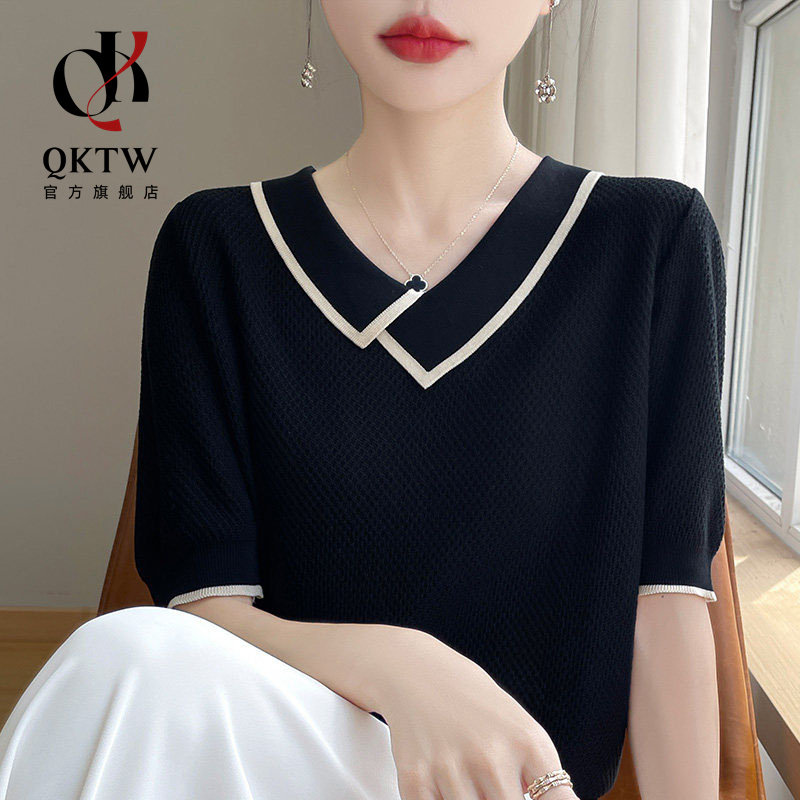 冰丝短袖t恤女2026夏季新款时尚V领大码宽松半袖针织别致薄款上衣