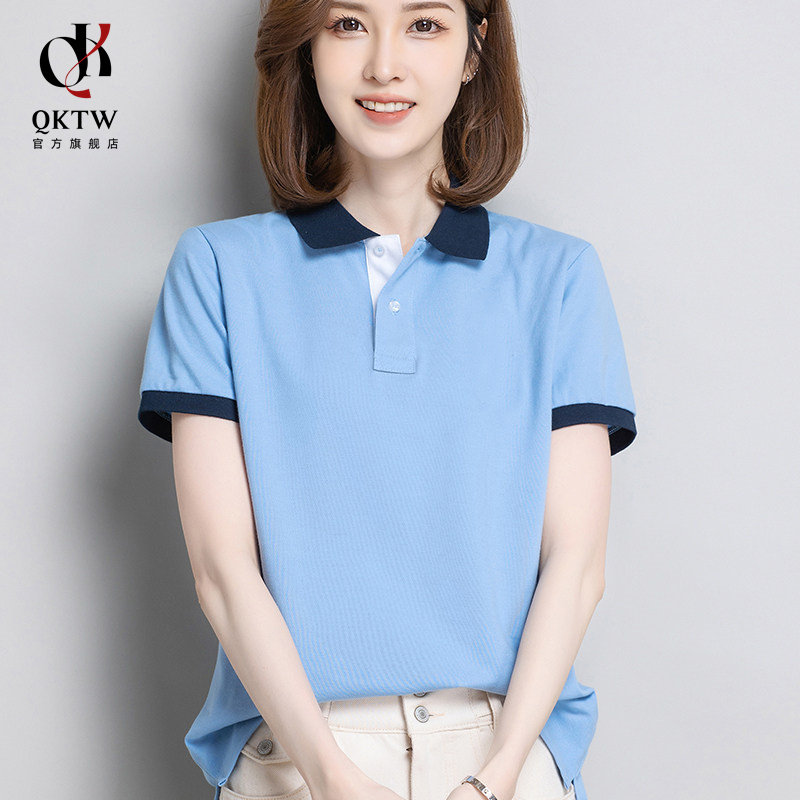 撞色翻领POLO衫女夏季新款透气显瘦短袖T恤情侣款商务休闲上衣潮