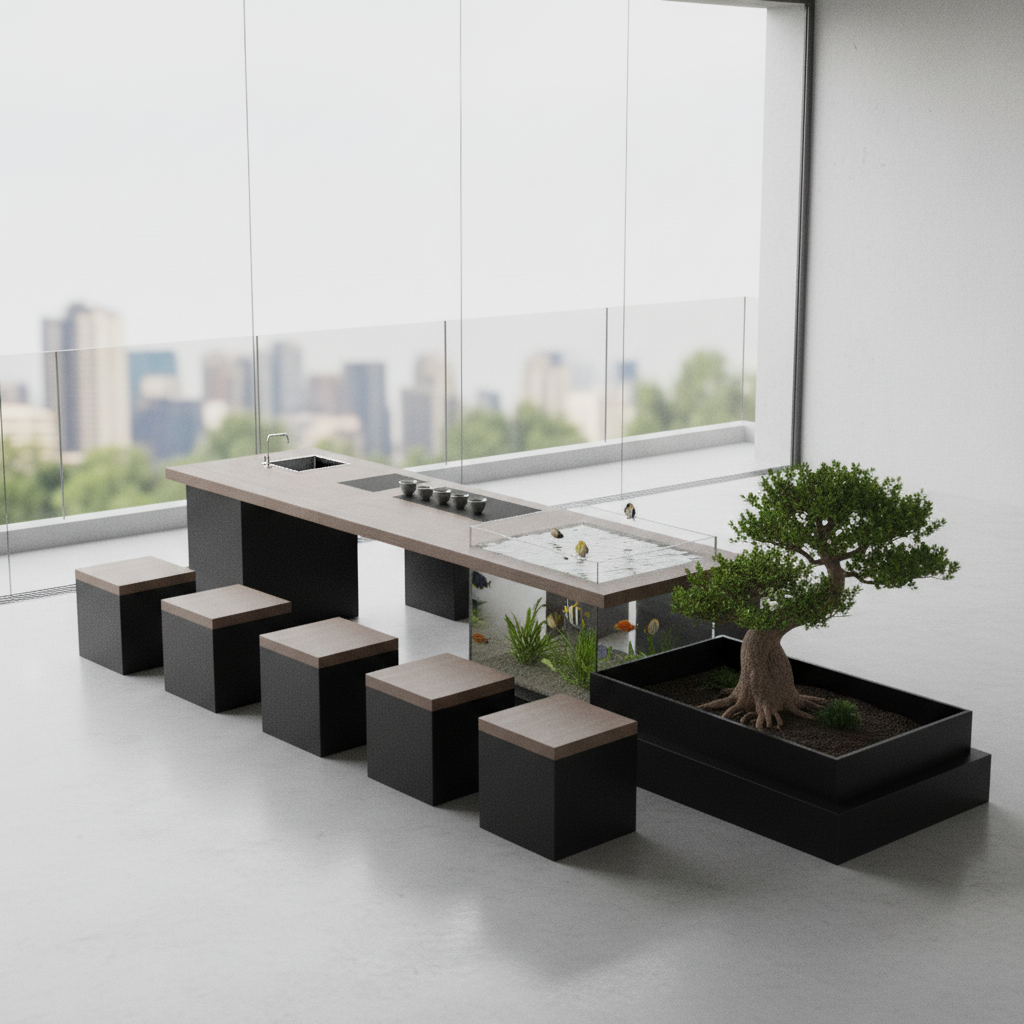 定制新中式不锈钢循环流水茶桌椅组合过滤养鱼鱼缸着台休闲水景桌