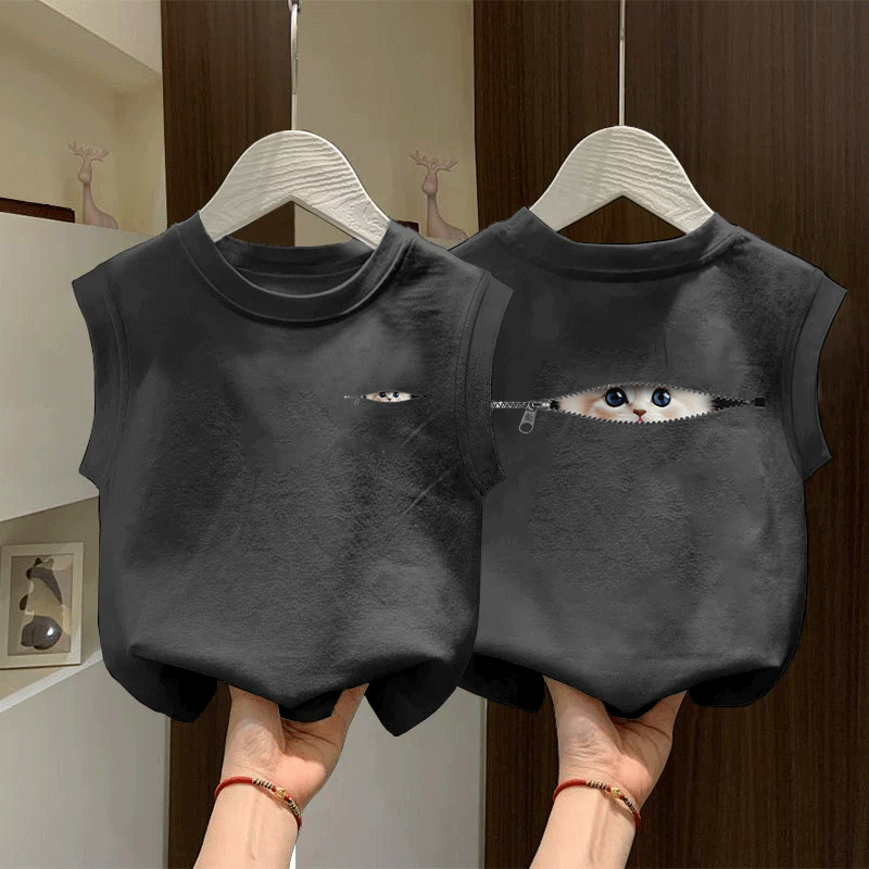 童装背心纯棉无袖t恤灰色夏季中大童创意猫咪印花时尚洋气上衣潮
