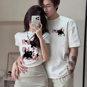 t恤2026新款 不一样 闪电猫咪短袖 夏装 一长一短设计感上衣 情侣装