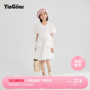 新款 YinGiiar女童连衣裙荷叶边褶皱2024春装 女大童高级小女孩裙子