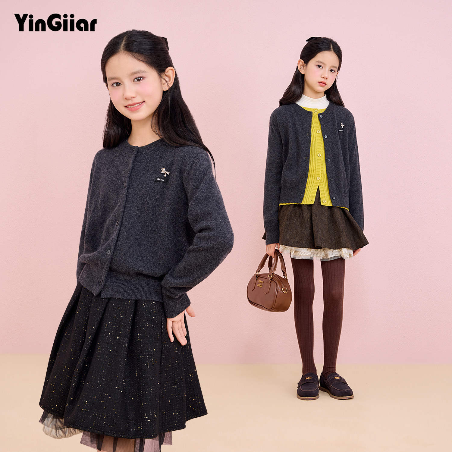 YinGiiar童装针织开衫女童2026冬上新圆领纯羊毛绣花单排扣女大童