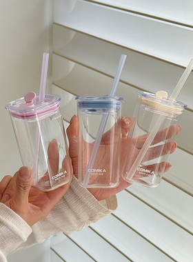 COMIKA方块冲泡杯ins风高硼硅玻璃杯吸管杯果汁牛奶杯耐高温水杯