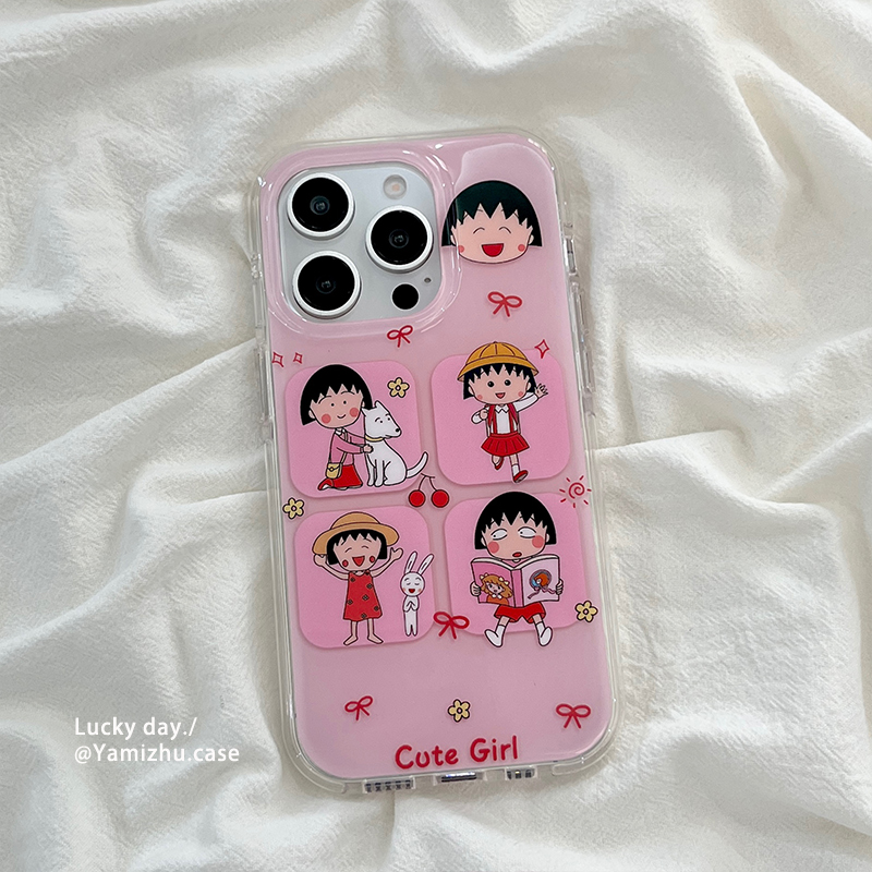 日系可爱少女卡通樱桃小丸子适用苹果16手机壳iPhone14pro小众16PRO新款女款13硅胶15ProMax防摔网红全包双层