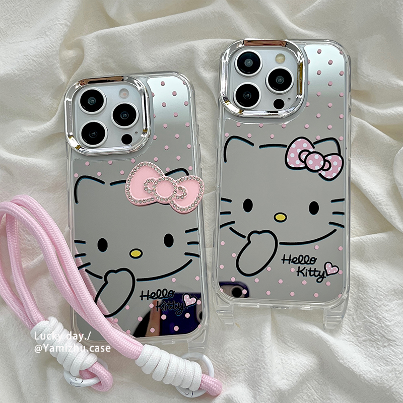 镜面可爱kitty猫带挂绳适用iphone苹果16手机壳14pro小众16PRO新款女款13硅胶15ProMax防摔简约网红全包创意