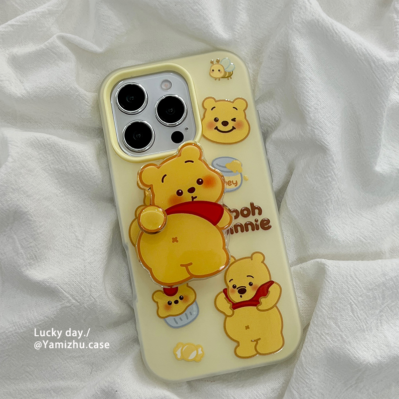 趣味可爱卡通维尼小熊带支架适用苹果16手机壳iPhone14pro小众16PRO新款13硅胶15ProMax女款防摔全包软壳男生