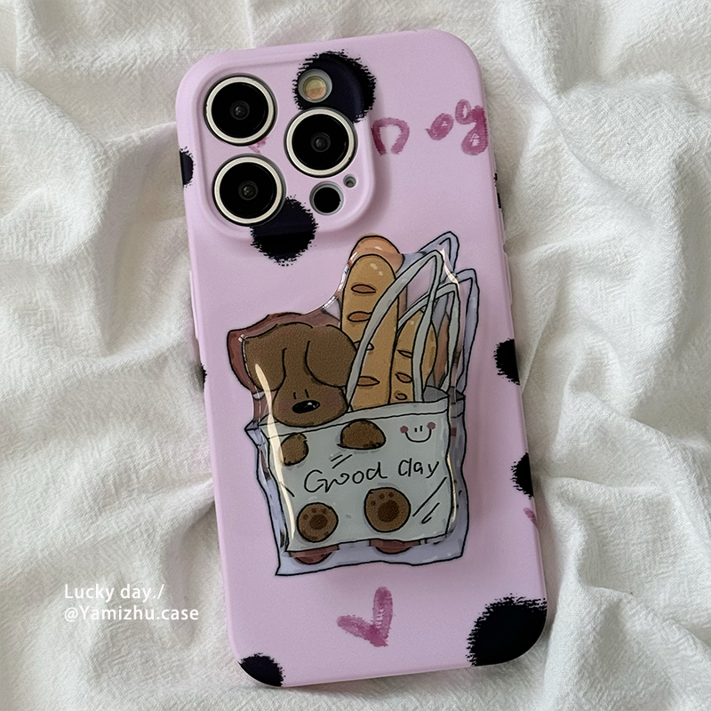 趣味购物袋小狗面包适用苹果16手机壳带支架iPhone14pro小众新款13硅胶15ProMax女款12防摔11简约创意全包软