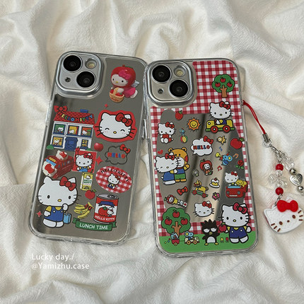 日系卡通网红hellokitty链条适用苹果15手机壳镜面iPhone14pro新款13硅胶15ProMax女12防摔11闺蜜全包保护套