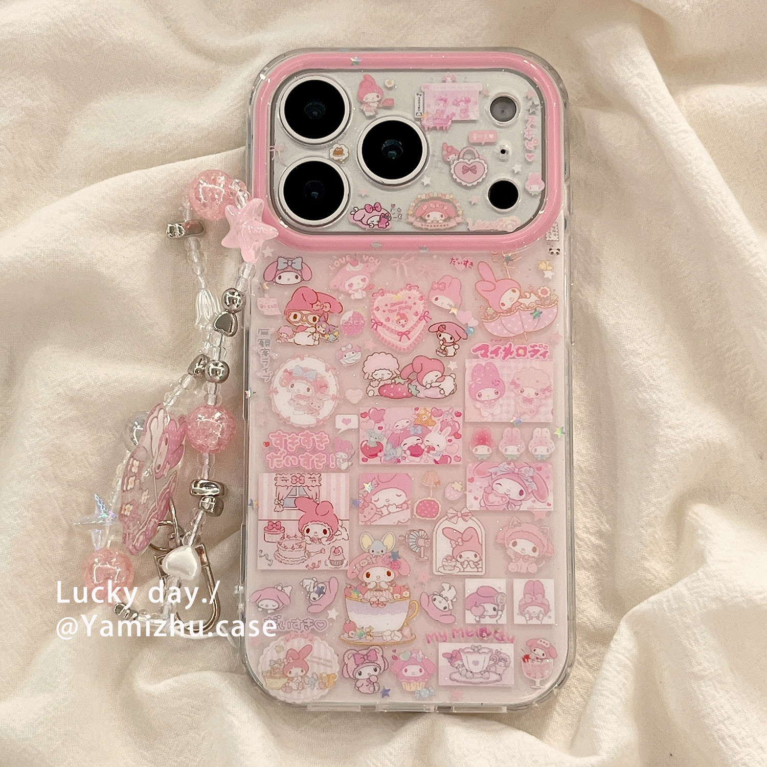 日韩可爱卡通美乐蒂插画带链条适用苹果17PRO手机壳iPhone16ProMax新款15pro女款小众13硅胶14防摔全包软壳套