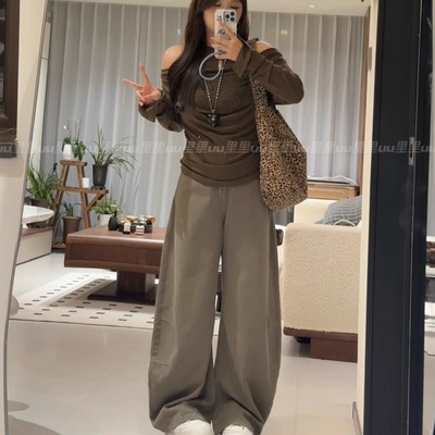 6743#灰绿色弯刀牛仔裤女新款显瘦设计感宽松阔腿裤子