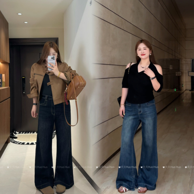 美式复古高腰不贴腿窄版微喇牛仔裤女新款大码直筒微喇长裤