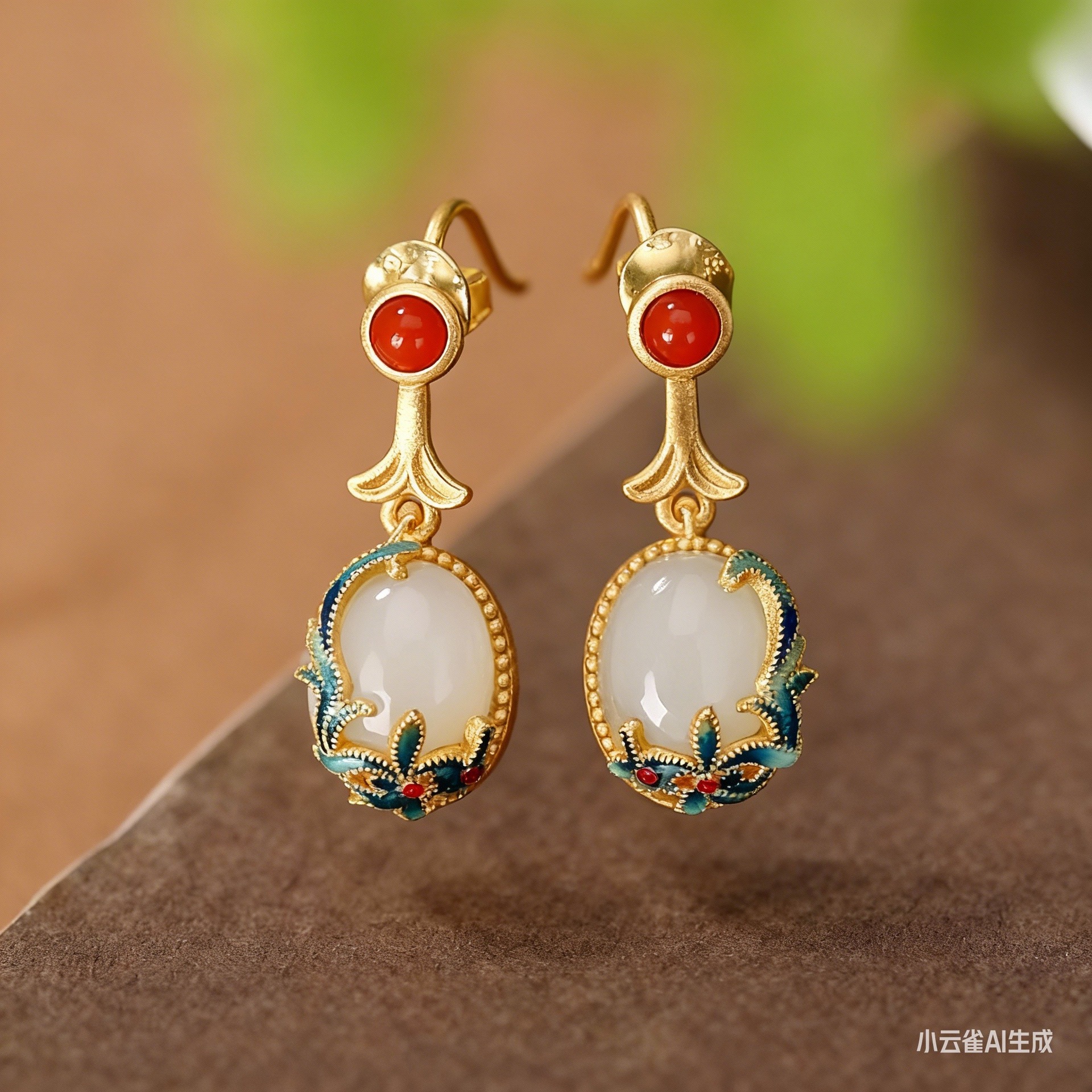 新款轻奢S925纯银镀金景泰蓝和田玉中国风藤蔓女士戒指耳钉手链吊