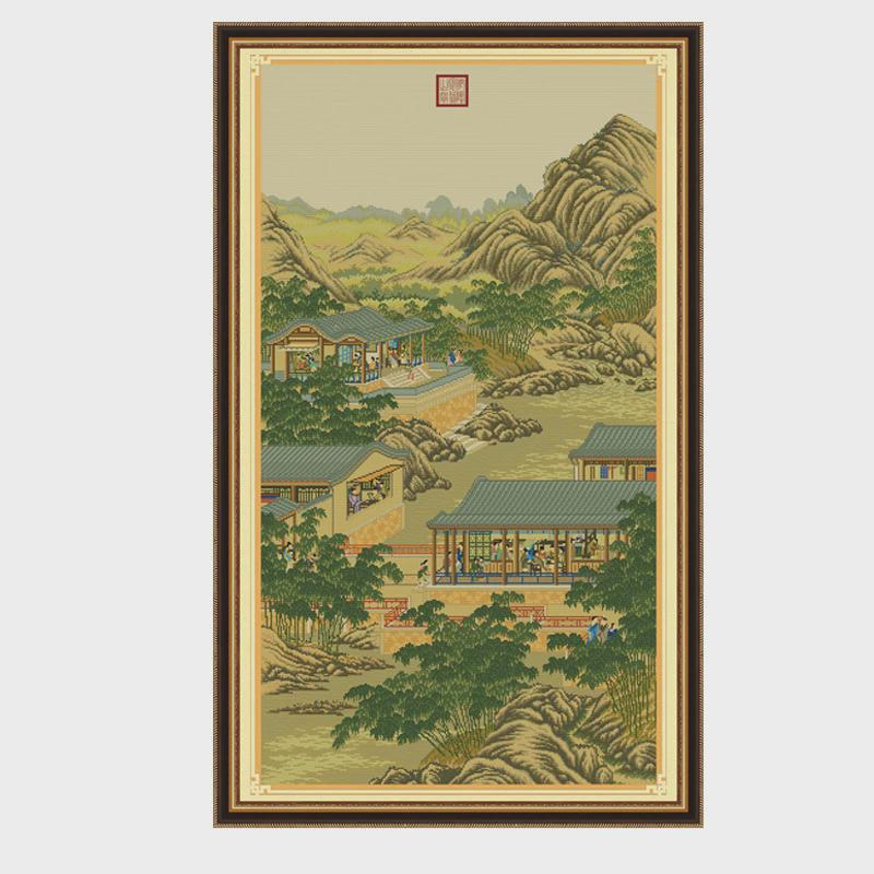 新款竖版十字绣雍正十二月行乐大幅十月画像客厅玄关线绣古绢布图