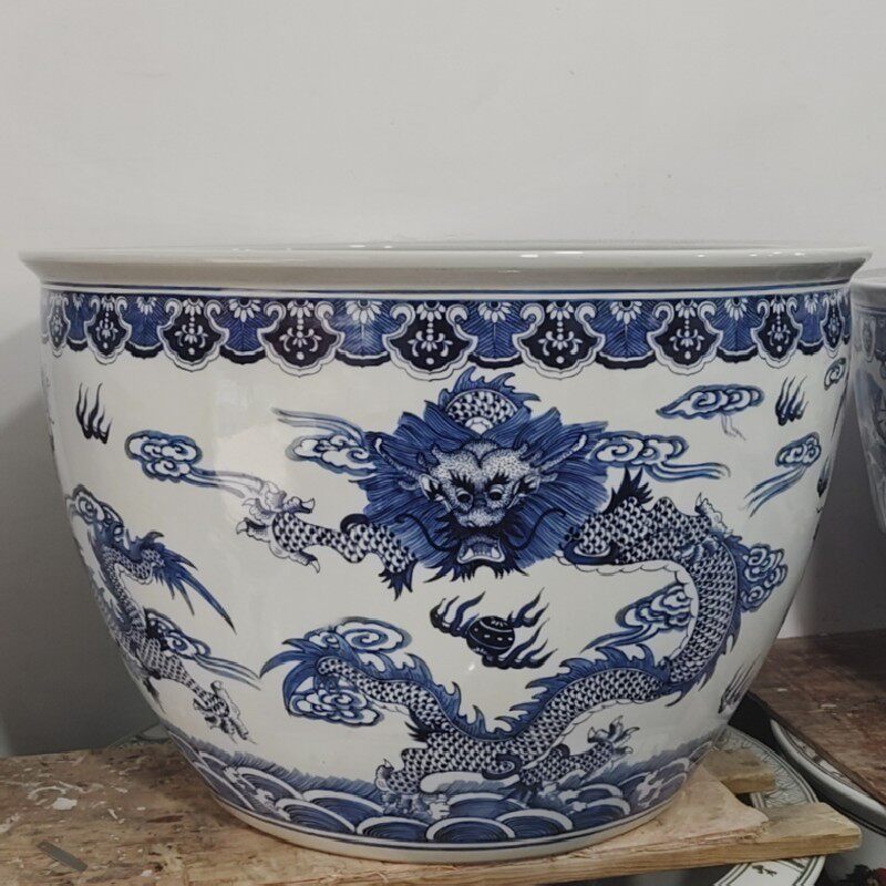 景德镇陶瓷水缸超大号园林龙纹青花瓷鱼缸手绘装饰花卉铁树栽花盆