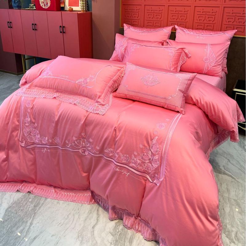 婚房布置高端全棉床单被套粉色结婚用品备婚喜被新轻奢刺绣被套