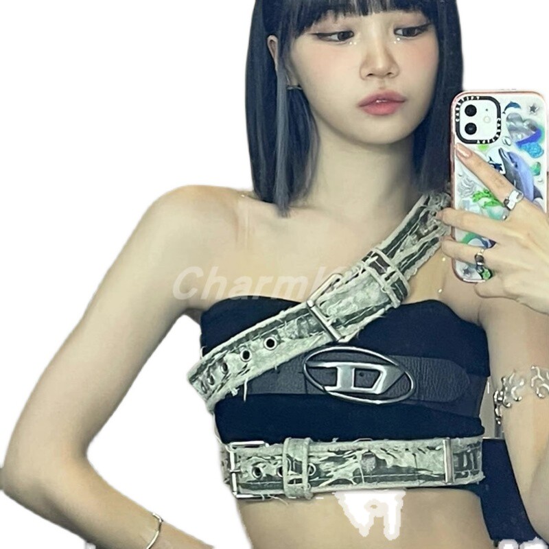 新品韩国女团LESSERAFIM同款金彩源赛博朋克抹胸裹胸辣妹打歌服演