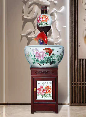 景德镇陶瓷鱼缸循环造景客厅摆件柜式带灯流水喷泉加湿器落地鱼盆